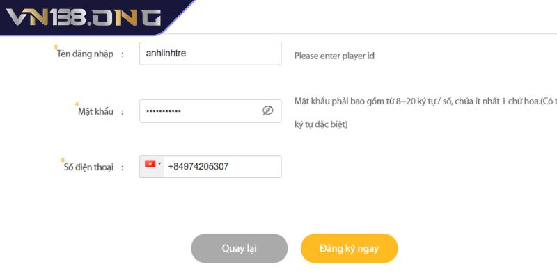 Nhập thông tin đăng ký VN138